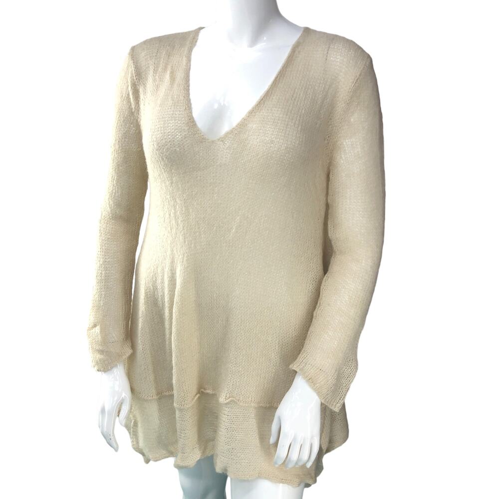 Wooden Ships Womens Size M/L Sweater Mohair Wool V Neck Long Line Open Knit